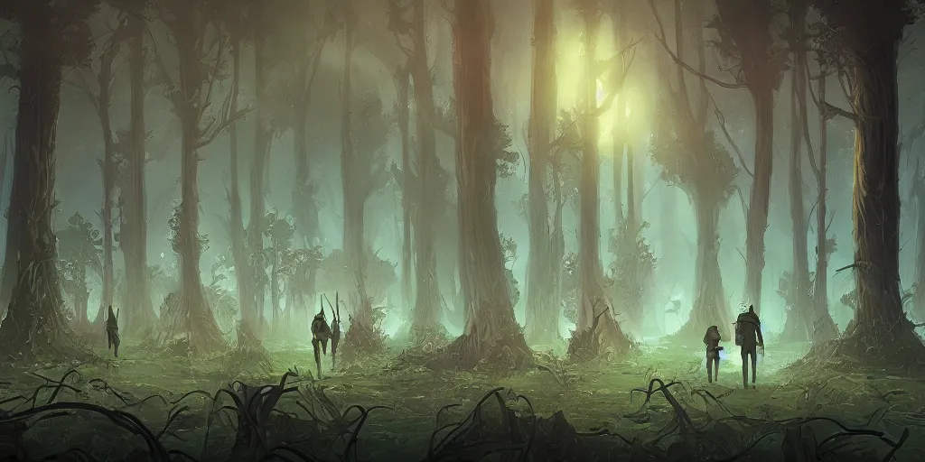 Image similar to modern reed - people hunting in futuristic spiritual mystical post apocalyptic forest drawn by justin roiland, dim painterly volumetric aquatic lighting, beautiful, crisp, artstation, highly detailed