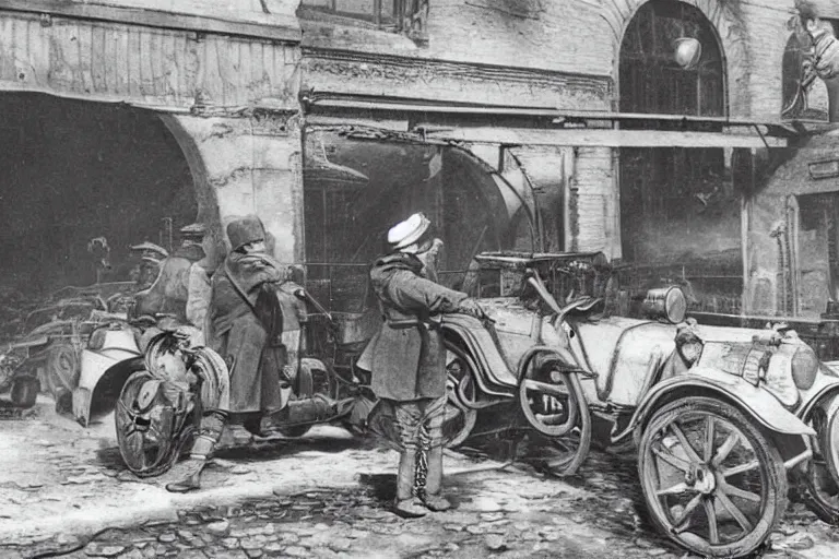 Image similar to repairing a vehicle on a machine world, year 1 9 1 4, photorealistic