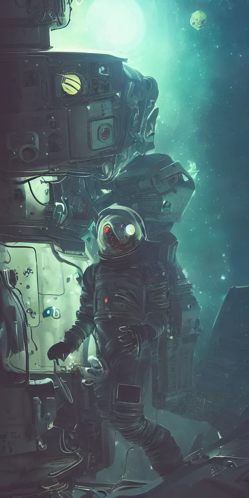 Prompt: eldritch astronaut with dark tendrils in deep space, retrofuturism, atompunk, dynamic composition, dramatic lighting, hyperrealistic, ultra detailed, nitro colors