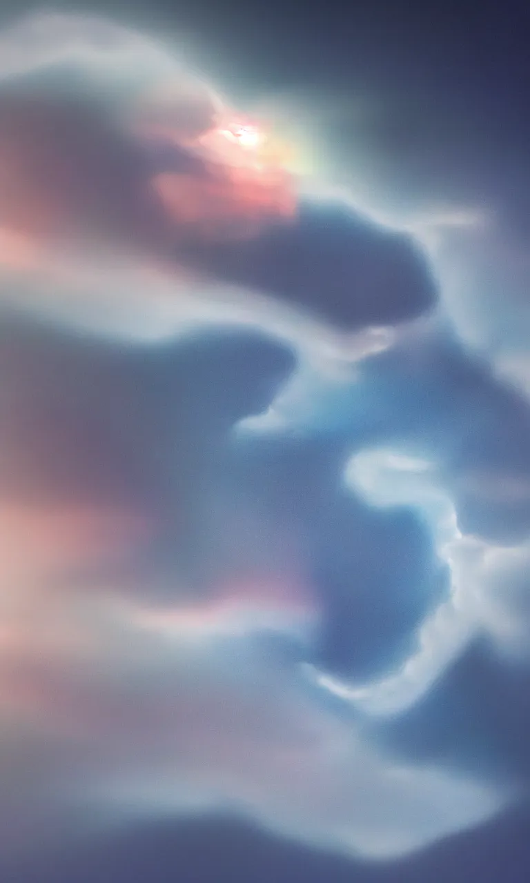 Image similar to aerogel iOS UI concept, floating hologram UI designed by Apple, 140mm f/2.3 sunrise photograph of atmospheric weather trapped inside colloid refraction, roll cloud supercell flowing into a minimalist intake hole, sharpened edges honed to a prismatic sheen, clouds cut apart