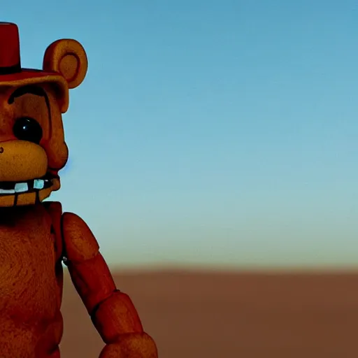 Prompt: Closeup of Freddy Fazbear in the Sahara desert, award winning Tarantino movie still, 35 mm, cinematic