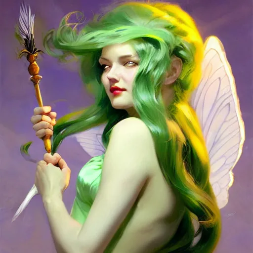 Image similar to greg manchess painting of fairy god mother, green and white hair, long wings, sorceress wand, soft lighting, trending on artstation, by huang guangjian and gil elvgren and sachin teng