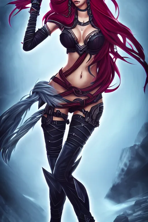 Prompt: full body portrait of Katarina from League of Legends illustration, medium shot, intricate, elegant, highly detailed, digital art