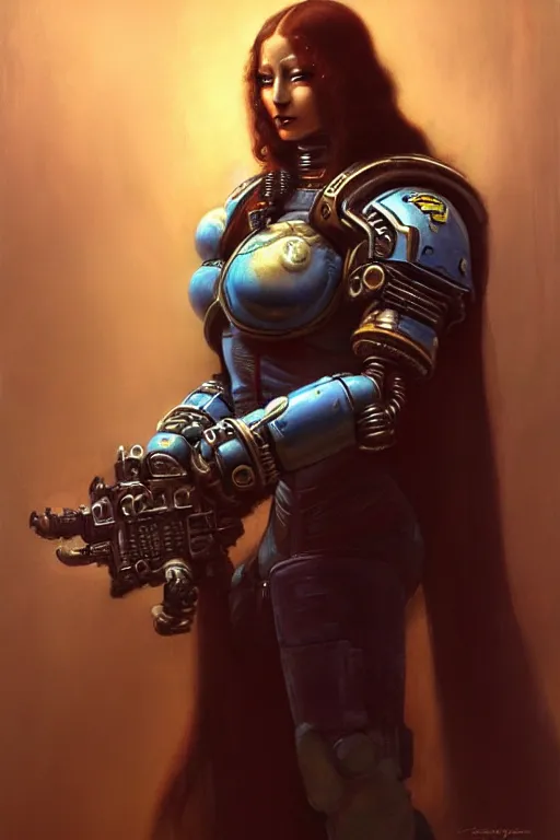 Image similar to character portrait cyberpunk starcraft terran warhammer 4 0 k space marine tech priest warrior princess ( ( ( ( ( ( ( ( totally definitely not negative no not mona lisa inspired ) ) ) ) ) ) ), character design, painting by gaston bussiere, katsuya terada, frank frazetta, tom of finland, trending on artstation