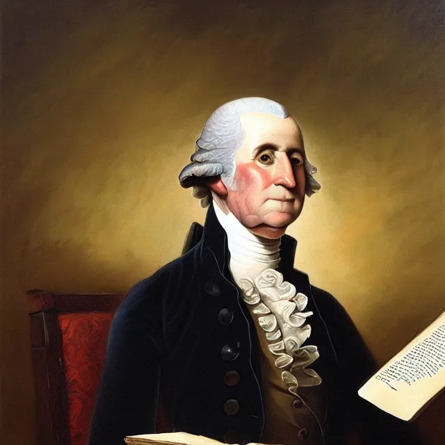 Image similar to ultra - realistic horrifying painting of george washington in a suit reading a dead sea scroll by candlelight, by dave dorman, paul carrick, dark, brooding, volume lighting, atmospheric lighting, painted, intricate, ultra detailed, well composed, best on artstation, cgsociety, epic, stunning, gorgeous, intricate detail, wow, masterpiece