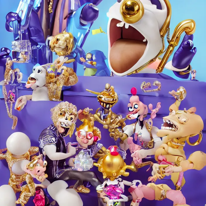 Image similar to jeff koons hip hop bauhaus style street sharks sailor moon wearing diamond grillz and a ton of bussdown iced gold bling in wallace & gromit strata - cut claymation, ultra realistic, concept art, intricate details, serious, highly detailed, photorealistic, octane render, 8 k, unreal engine, art by artgerm