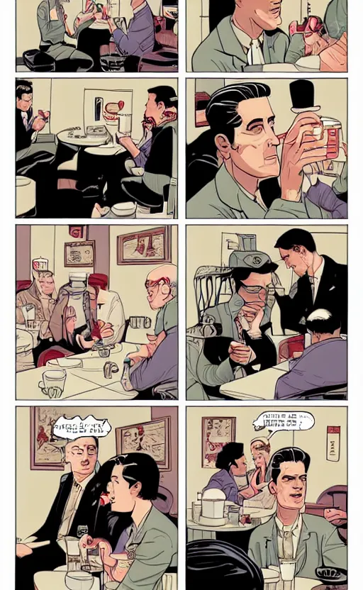 Image similar to Twin Peaks comic page of Dale Cooper feeling love and comfort with coffee & pie in the RR Diner by Tomer Hanuka