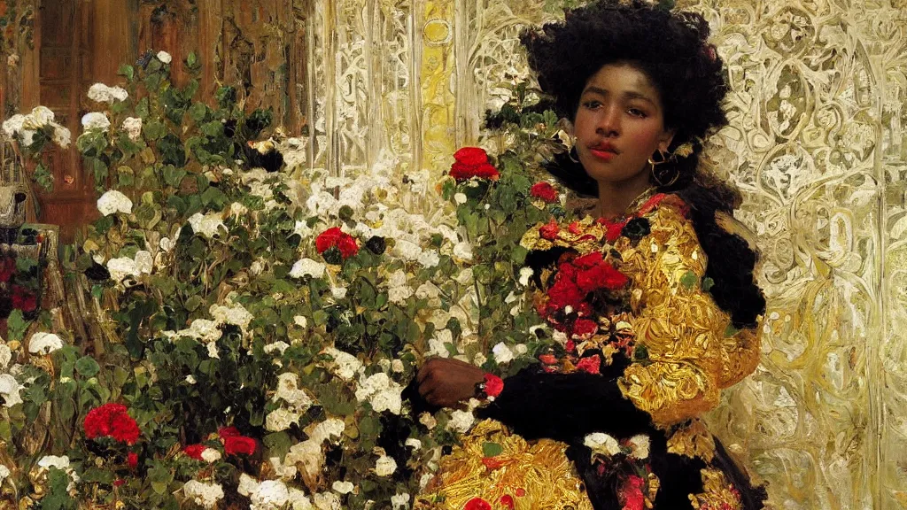 Image similar to high quality high detail painting by ilya repin, black woman in a white room with many plants, intricate costume design, orientalist, partially gold, ornate, elite, luxury, hd