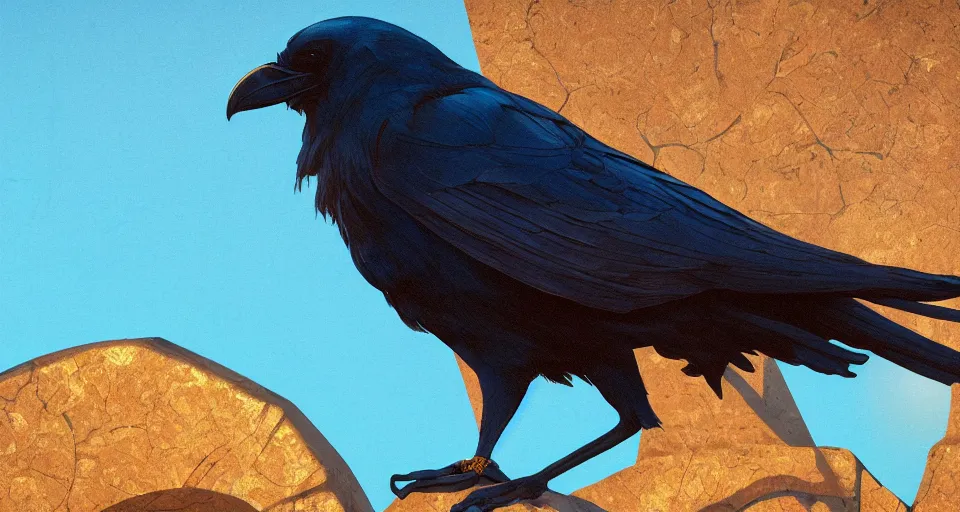 Image similar to beautiful clear sharp details colour photography of a sunlit raven, standing under a large art nouveau stone arch, standing on a beautiful dark turquoise gold velvet table cloth, beautiful sunrise, extreme closeup, artistic masterpiece of photography, detailed and photorealistic, sam spratt, high quality 8 k artstation