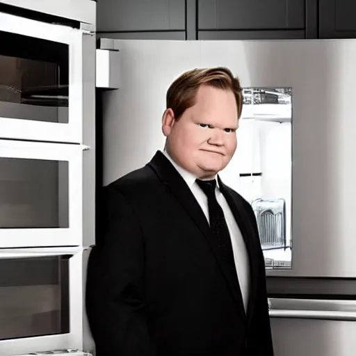 Image similar to Andy Richter is wearing a black suit and necktie and standing in a kitchen in front of an open refrigerator. There is a bright white light coming from inside the refrigerator. Andy is using his hand to shield his eyes.