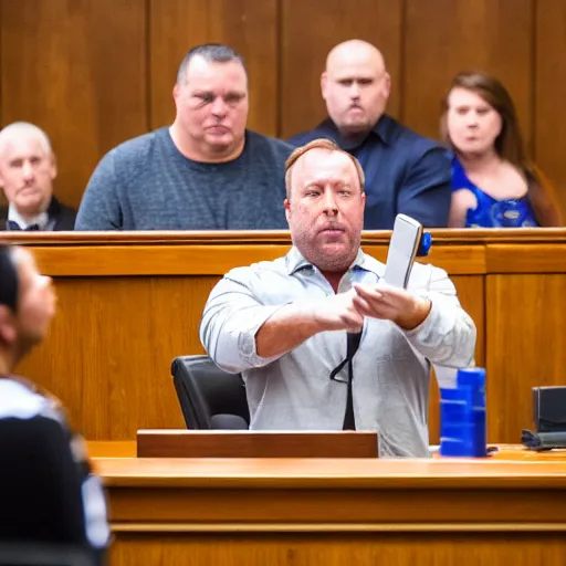 Prompt: Alex Jones desperately reaching for his out of reach phone in the courtroom, EOS 5DS R, ISO100, f/8, 1/125, 84mm, RAW Dual Pixel, Dolby Vision