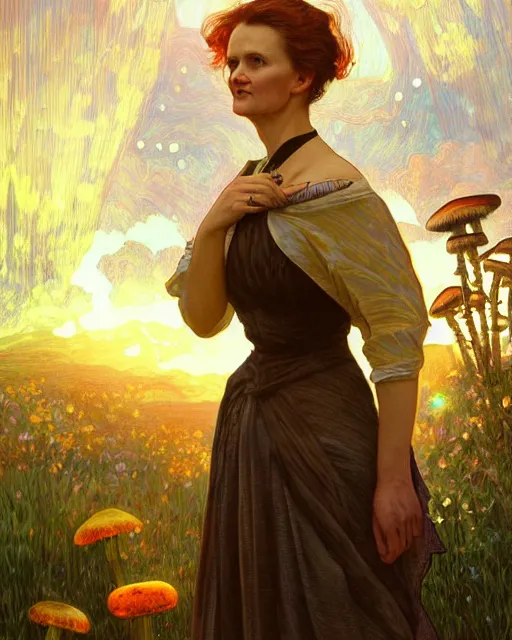 Image similar to marie curie on icerberg, evening, burning skies, 4 k, ultra realistic, beautiful eyes, epic lighting, starry sky, magical, glowing forest, mushrooms, machines, high detail, masterpiece, trending on artstation by artgerm and akihito tsukushi and alphonse mucha