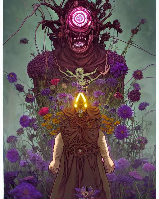 Prompt: the platonic ideal of flowers, rotting, insects and praying of cletus kasady carnage thanos davinci nazgul wild hunt chtulu mandala ponyo botw bioshock, d & d, fantasy, ego death, decay, dmt, psilocybin, concept art by randy vargas and greg rutkowski and ruan jia and alphonse mucha