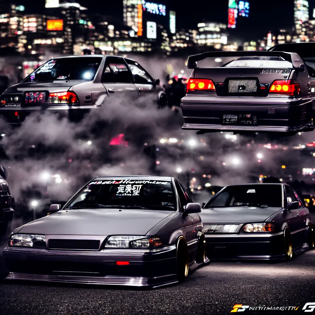 Image similar to a car JZX100 twin turbo drift at illegal car meet, Shibuya prefecture, city midnight mist lights, cinematic lighting, photorealistic, highly detailed wheels, high detail