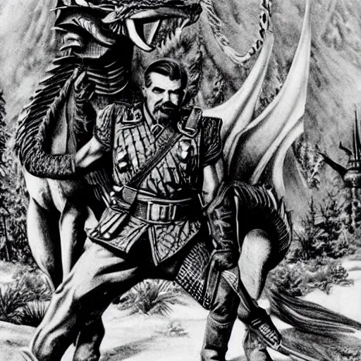 Image similar to Joseph Stalin friendship with dragon from Skyrim,