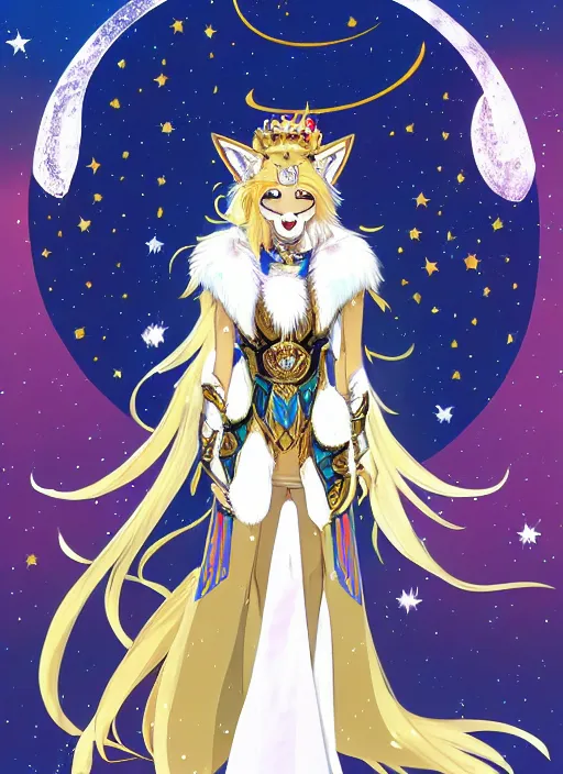 Image similar to commissioned full body portrait of a female anthro wolf princess fursona with white fur and long red hair hair wearing a blue and gold Japanese armored dress in a white and gold palace on a starry night with a large crescent moon, by a professional manga illustrator, by Kilian Eng, by Sandra Chevrier, trending on artstation