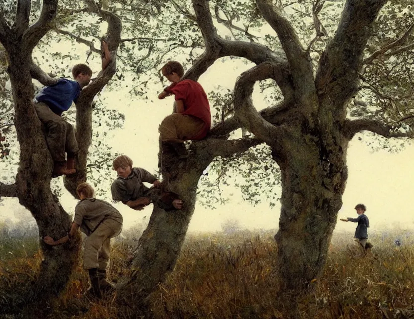 Image similar to two peasant boys climbing a tree, country style, Low angle view, Cottage core, Cinematic focus, Polaroid photo, vintage, neutral colors, soft lights, foggy, by Steve Hanks, by Serov Valentin, by lisa yuskavage, by Andrei Tarkovsky, by Terrence Malick, 8k render, detailed, oil on canvas High angle view, wide shot