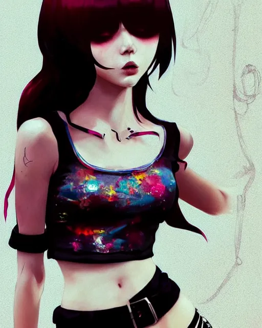 Image similar to a beautiful punkrock woman in crop top, art by saruei and guweiz and ilya kuvshinov, digital art, highly detailed, intricate, sharp focus, trending on artstation hq, deviantart, pinterest, unreal engine 5, 4 k uhd image