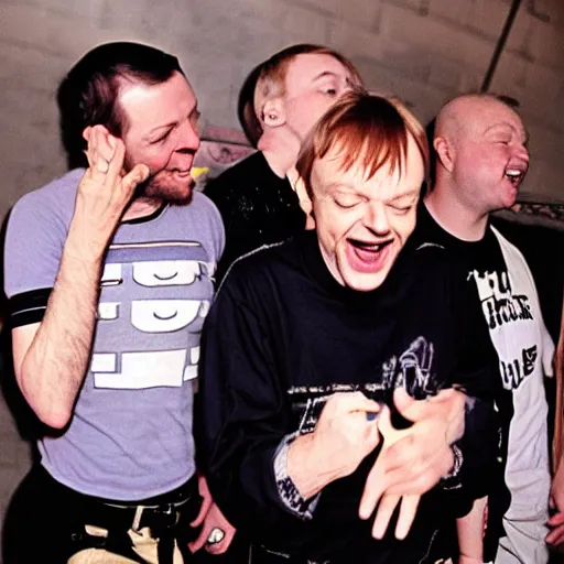 Prompt: Mark E Smith laughing at Fred Durst who is crying and screaming