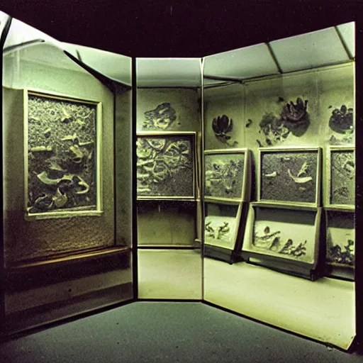 Prompt: spooky creepy liminal space, display case, aquatic exhibition science museum, half - dried aquarium with submerged spine, bright computer screens, backroom stairs leading down under water, photo taken on 1 9 8 0 s fujifilm superia