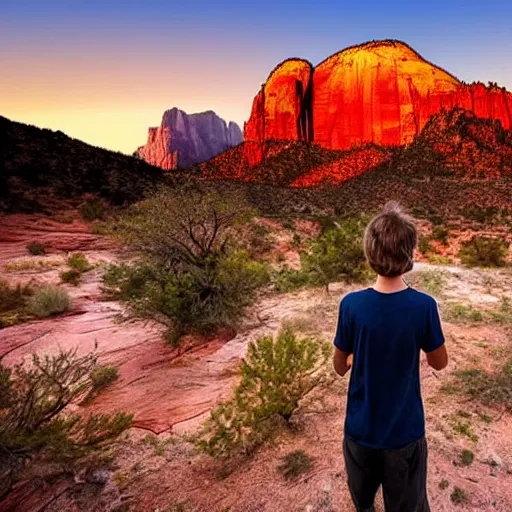 Image similar to award winning cinematic still of teenager boy praying in zion national park, rock formations, colorful sunset, epic, cinematic lighting, dramatic angle, heartwarming drama directed by Steven Spielberg