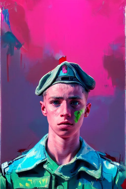 Image similar to portrait of a young soldier boy nor living in a death postapoliptic world, painted in acrylic, in the colors hot pink and cyan, beautiful face, rule of thirds, complex outfit, spotlight, by greg rutkowski, by jeremy mann, by francoise nielly, by van gogh, digital painting