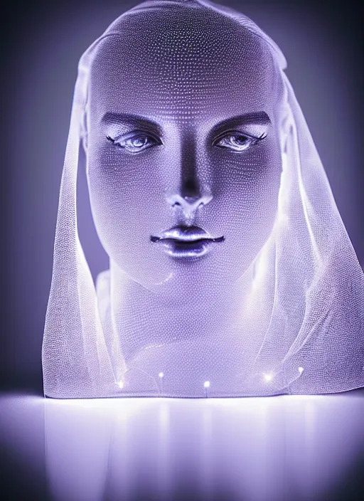 Image similar to queen chess piece photo, beautiful veil of led point lights, pearlescent skin, skin made of led point lights, very detailed, highly detailed background, reflective chessboard, photorealism, sharp focus, photorealism,sculpture , isometric view, soft diffuse autumn lights, some sunlight ray, dark room wall, canon 5D 50 mm lens