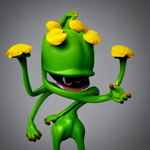 Prompt: cute anthropomorphic happy daffodil flower creature with many leaf arms and vine legs and big eyes detailed character concept 3 d pixar style render 4 k