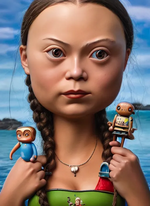 Image similar to closeup profile portrait of tin toy greta thunberg wearing a bikini, depth of field, zeiss lens, detailed, symmetrical, centered, fashion photoshoot, by nicoletta ceccoli, mark ryden, lostfish, breathtaking, 8 k resolution, extremely detailed, beautiful, establishing shot, artistic, hyperrealistic, octane render