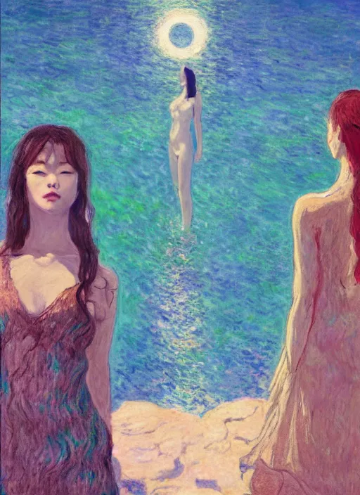 Image similar to lee jin - eun in luxurious dress emerging from turquoise water in egyptian pyramid city during an eclipse by claude monet, conrad roset, m. k. kaluta, martine johanna, rule of thirds, elegant look, beautiful, chic, face anatomy, cute complexion