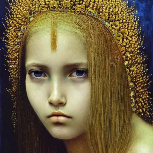 Prompt: teen queen with golden hairs in golden crown, very pale, with blue eyes, painting by Beksinski