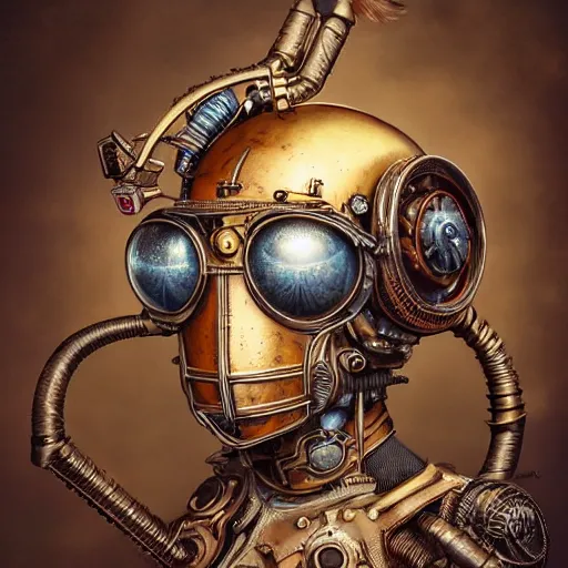 Prompt: dan mumford tom bagshaw, dream world curiosities carnival flying, photorealistic octane render of a single very beautiful helmet full long steampunk metallic armored ornate female, partial symmetry accurate features, focus, very intricate ultrafine details, award winning masterpiece, steampunk world
