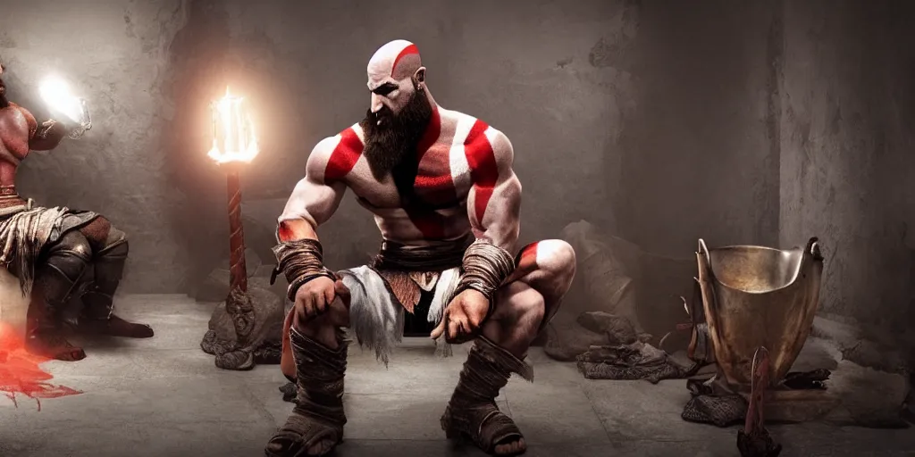 Prompt: kratos the god of war sitting on a modern toilet, cinematic composition and lighting