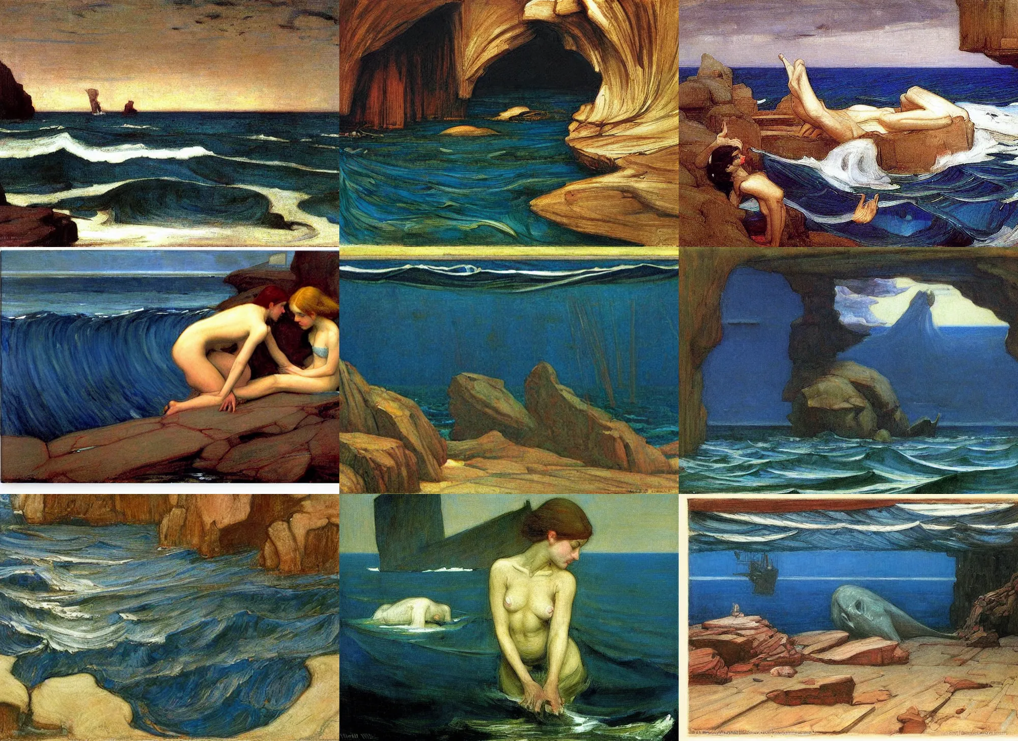 Prompt: The deep sea floor painted by John William Waterhouse and Edward Hopper. HD