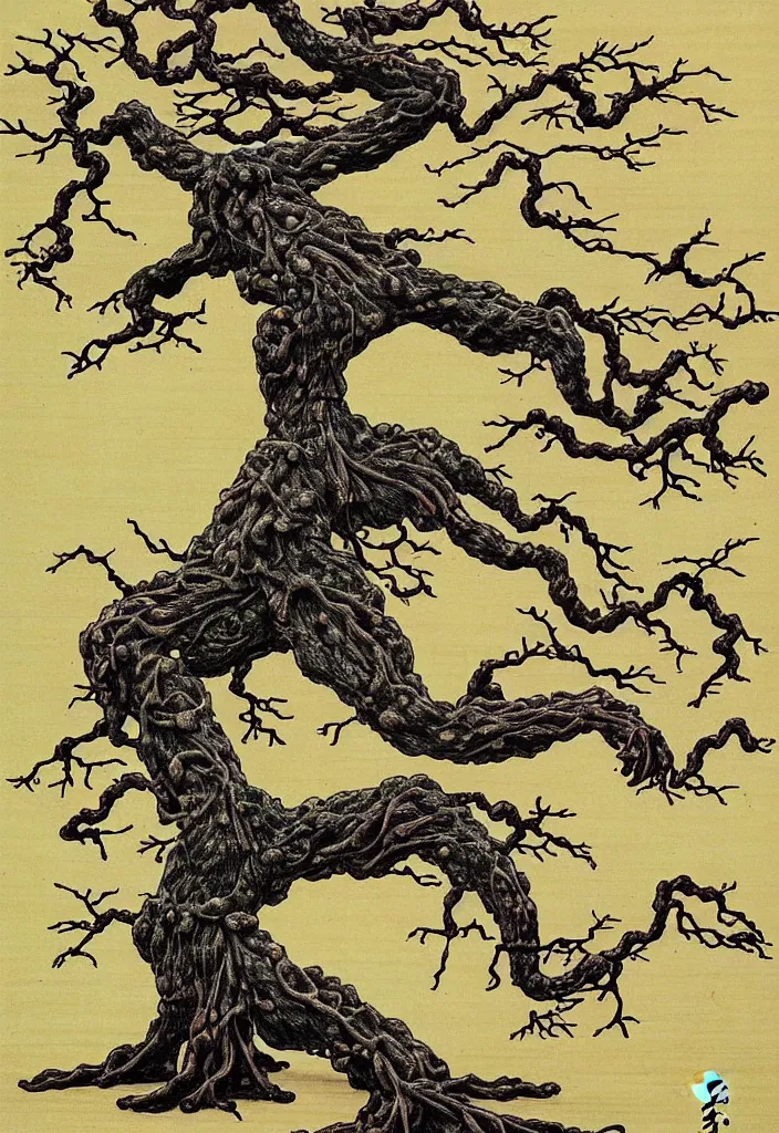 Image similar to prompt: anatomy dissection drawing veins and organs Bonsai tree character drawn by Takato Yamamoto, bonsai anatomy atlas, veins and organs attached to tree roots, alchemical objects inspired by 1980's sci-ci, old experimentation cabinet, intricate oil painting detail, manga 1980