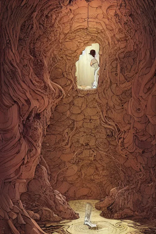 Image similar to a girl pushing a giant wooden door with archaic symbols embedded onto it, in a cave by the water, digital art, illustrated by moebius and victo ngai