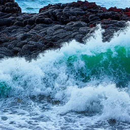 Image similar to waves crashing on a beach at night, moon, lava rock, small house