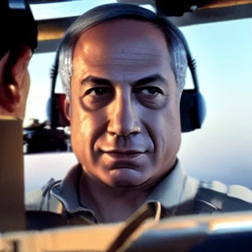 Image similar to benjamin netanyahu as the terminator in a helicopter, establishing shot, cinematic lighting