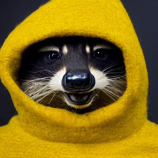 Prompt: happy racoon wearing a yellow turtleneck, studio, portrait, facing camera, studio, dark bg