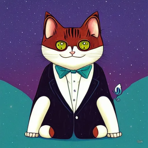 Image similar to portrait illustration of funny cat in the tuxedo by jeremiah ketner, quint buchholz, wlop, dan mumford