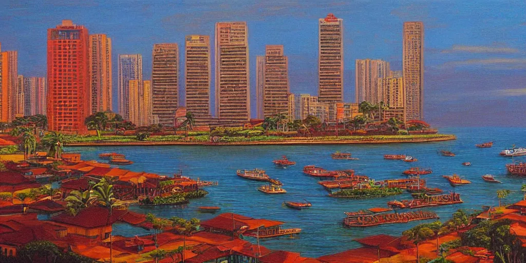 Image similar to colombo sri lanka cityscape, ocean, art by vladimir tretchikoff