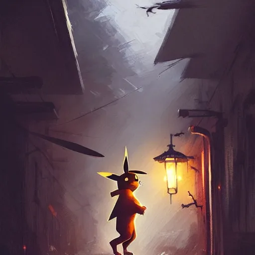 Image similar to pikachu wielding a machete and mugging people in a back alley, art by greg rutkowski, intricate, elegant, highly detailed, smooth, sharp focus, artstation