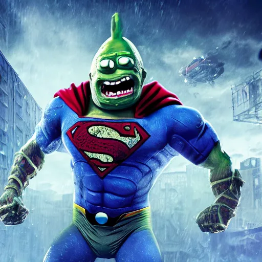 Image similar to pickle rick! as superman! flying in ( gears of war ), splash art, movie still, detailed face, photorealistic facial features, cinematic lighting, dramatic, octane render, long lens, shallow depth of field, bokeh, anamorphic lens flare, 8 k, hyper detailed, 3 5 mm film grain