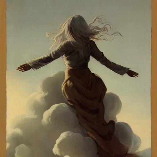 Prompt: a woman standing atop a cloud, dressed in white robes, fantasy artwork