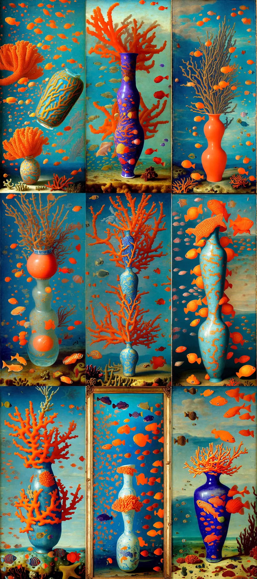 Image similar to bottle vase of coral under the sea and in the sky decorated with a dense field of stylized scrolls that have opaque outlines enclosing mottled blue washes, with orange shells and purple fishes, ambrosius benson, oil on canvas, hyperrealism, around the edges there are no objects