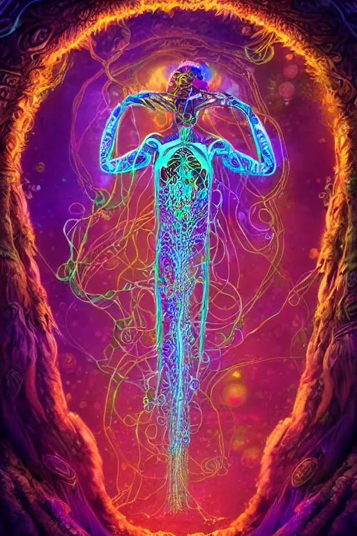 Image similar to full body psychedelic shaman with trinket necklace, epic angle and pose, symmetrical artwork, 3d with depth of field, blurred background, cybernetic jellyfish robotic face skull ayahuasca, translucent, fungus, energy flows of water and fire. a highly detailed epic cinematic concept art CG render. made in Maya, Blender and Photoshop, octane render, excellent composition, cinematic dystopian brutalist atmosphere, dynamic dramatic cinematic lighting, aesthetic, very inspirational, arthouse, Greg Rutkowski, Ilya Kuvshinov, WLOP, Stanley Artgerm Lau, Ruan Jia and Fenghua Zhong