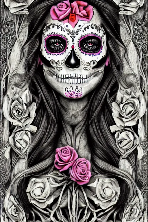 Prompt: Illustration of a sugar skull day of the dead girl, art by H R Giger