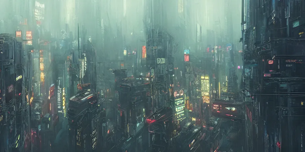 Image similar to a painting of a cinematic keyframe of a cyberpunk dystopian city, blade runner like designed by ian hubertz seen from above, cenital shot, by greg rutkowski, rule of thirds, golden ratio, ambient lighting, wlop, artgerm, artstation, highly detailed masterpiece, dark fantasy art, high detail, trending on artstation