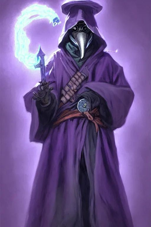 Image similar to a plague doctor with a blue wizard robes as a d & d character, blue robe, magical, blue highlights, hip hop aesthetic, purple evil aura, concept sheet, painting by gaston bussiere, demon slayer, akiri toriyama, dramatic lighting, purple lighting, anime