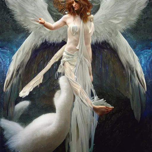 Image similar to hyperrealistic portrait of an angel woman descending onto a stone room in darkness with the damned screaming in despair, white swan dress long feathers and sapphire jewellery by jeremy mann and alphonse mucha, high shadow contrast, daydreaming hell, fantasy art, photo realistic, dynamic lighting, artstation, poster, volumetric lighting, very detailed faces, 4 k, award winning